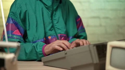 80s 90s Typing on a Vintage Computer Keyboard Stock Footage 161070076