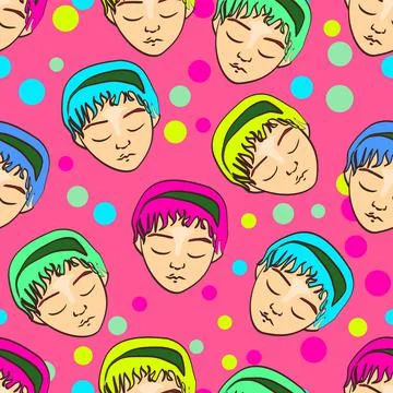 80s Girl Face Repeat Pattern In Neon Pink, Blue, Green And Yellow Stock Illustration