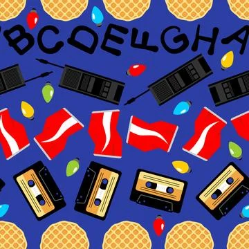 80s nostalgia seamless pattern with cassette tapes, waffles, walkie-talkies.. Stockillustratie