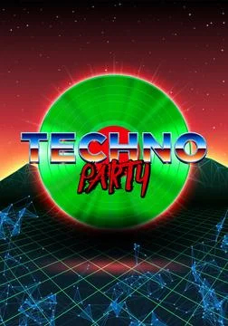 80s party poster with orange background and green vinyl lp for techno retro rave Stock Illustration