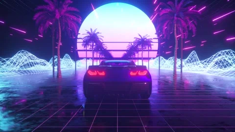 80s retro background 3d animation. Futuristic car drive through neon abstract Vidéo 145707772
