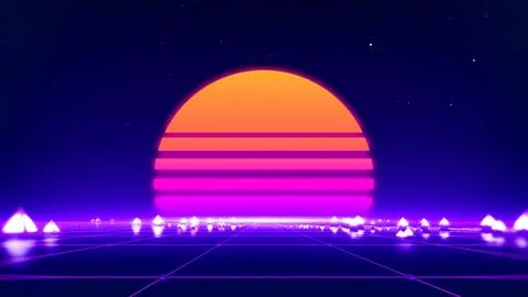 80s retro background with sunset, star and summer landscape terrain Stock Illustration