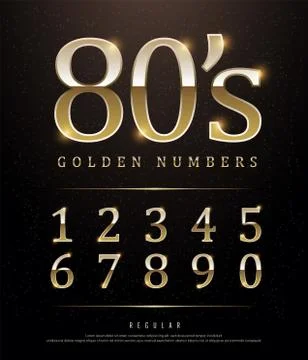 80s Retro Elegant Numbers Gold Colored Metal Chrome alphabet font. Typography Stock Illustration