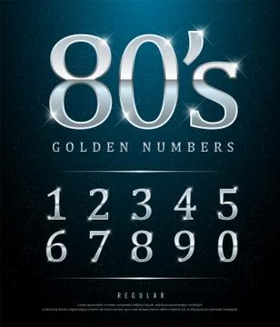 80s Retro Elegant Numbers silver Colored Metal Chrome alphabet font. Stock Illustration