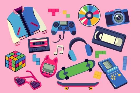 80s retro elements. 90s music sticker. Pop fashion. Game icons. Skate and roller Stockillustratie