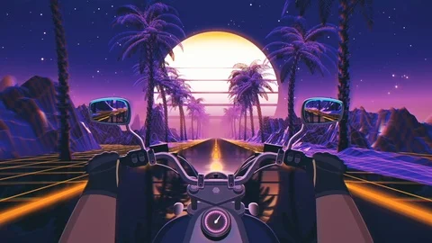 80s retro futuristic sci-fi seamless loop. VJ landscape with motorcycle pov Stock Footage 127113631