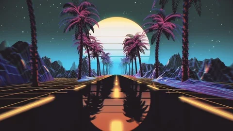 80s retro futuristic sci-fi seamless loop. VJ landscape with neon lights Stock Footage 128308095