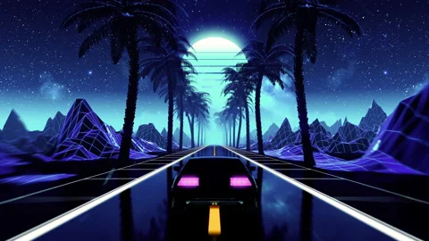 80s retro futuristic sci-fi seamless loop. VJ landscape with vintage car Stock Footage 131190596