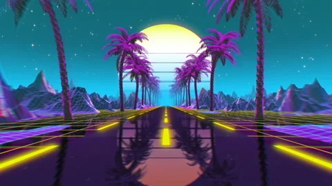 80s retro futuristic sci-fi seamless loop. VJ landscape with neon lights Stock Footage 146607910