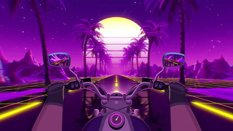 80s retro futuristic sci-fi seamless loop. VJ landscape with motorcycle pov Stock Footage 171994653