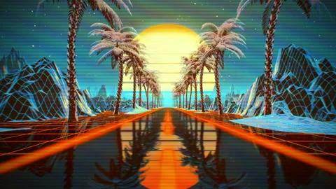 80s retro futuristic sci-fi seamless loop. VJ landscape with neon lights Stock Footage 239647671