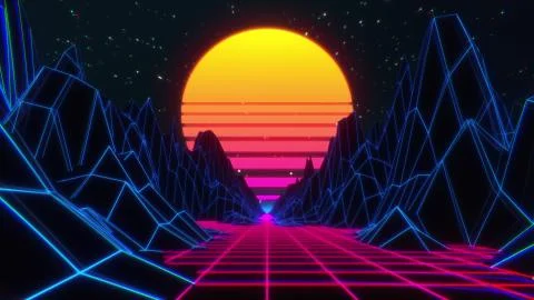 80s retro futuristic sci-fi background. VJ videogame landscape with neon lights 스톡 일러스트