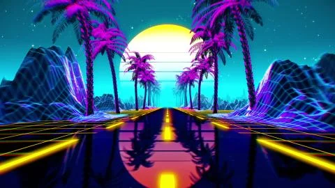 80s retro futuristic sci-fi background. VJ videogame landscape with neon lights Stock Illustration