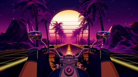 80s retro futuristic sci-fi biker background. VJ landscape with motorcycle pov 스톡 일러스트
