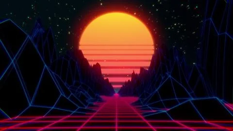 80s retro futuristic sci-fi background. VJ videogame landscape with neon lights Stock Illustration