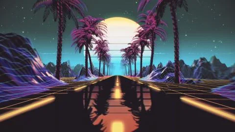 80s retro futuristic sci-fi background. VJ videogame landscape with neon lights 스톡 일러스트