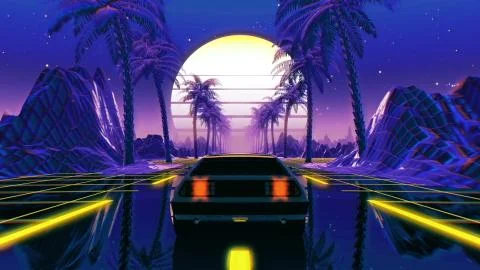 80s retro futuristic sci-fi 3D illustration. VJ landscape with vintage car Stock Illustration