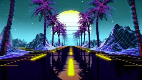 80s retro futuristic sci-fi background. VJ videogame landscape with neon lights Illustrazione stock