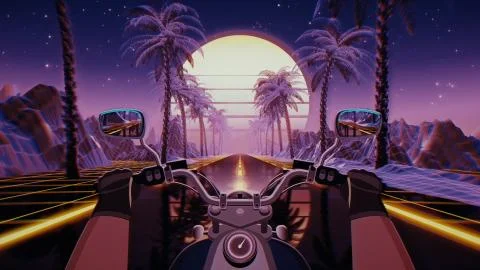 80s retro futuristic sci-fi biker background. VJ landscape with motorcycle pov Illustrazione stock