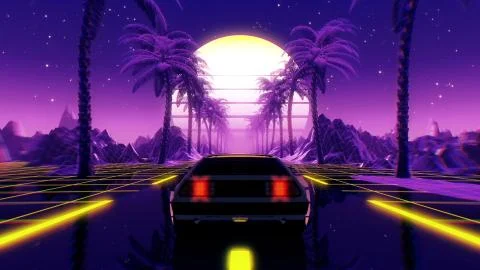 80s retro futuristic sci-fi 3D illustration. VJ landscape with vintage car 스톡 일러스트