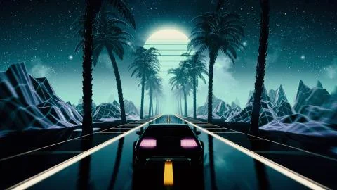 80s retro futuristic sci-fi seamless loop. VJ landscape with vintage car Illustrazione stock