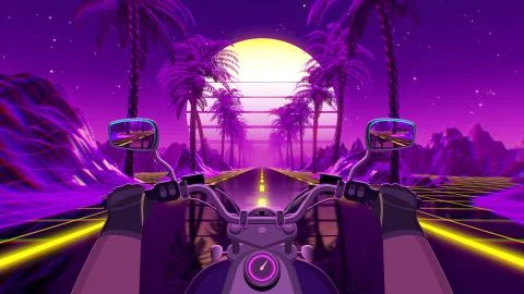 80s retro futuristic sci-fi biker background. VJ landscape with motorcycle pov Stock Illustration
