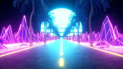 80s retro futuristic sci-fi. Retrowave VJ videogame landscape, neon lights an Stock Illustration