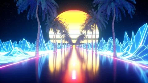 80s retro futuristic sci-fi. Retrowave VJ videogame landscape, neon lights an Stock Illustration
