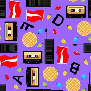 80s retro pattern with waffles, cassette tapes and walkie-talkies on blue. .. Stock Illustration