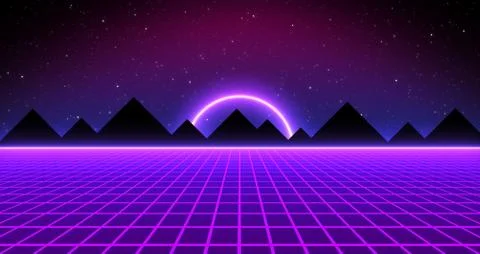 80s Retro Sci-Fi Background Futuristic Grid landscape. Digital cyber surface Stock Illustration