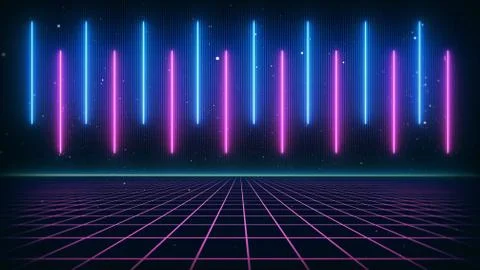 80s Retro Sci-Fi Background Futuristic Grid landscape. Digital cyber surface Stock Illustration