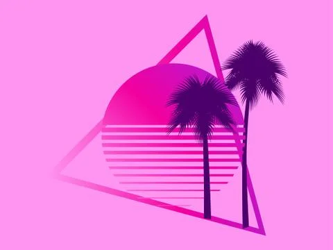 80s retro sci-fi palm trees on a sunset. Retro futuristic sun with palm trees Illustrazione stock
