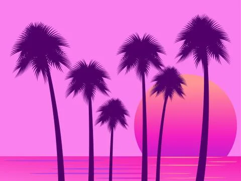 80s retro sci-fi palm trees on a sunset. Retro futuristic sun with palm trees Stock Illustration