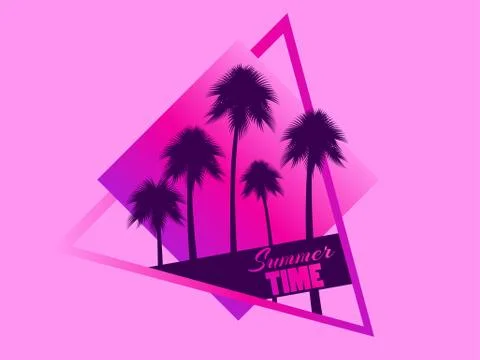 80s retro sci-fi palm trees on pink background. Retro futuristic cube with pa Stock Illustration