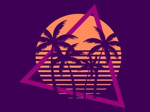 80s retro sci-fi palm trees on a sunset. Retro futuristic sun with palm trees Stock Illustration