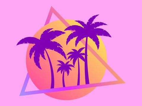 80s retro sci-fi palm trees on a sunset. Retro futuristic sun with palm trees Stock-Illustration