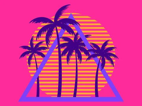 80s retro sci-fi palm trees on a sunset. Retro futuristic sun with palm tre.. 스톡 일러스트