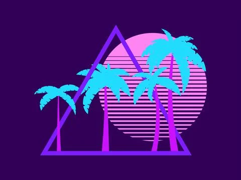 80s retro sci-fi palm trees on a sunset. Retro futuristic sun with palm tre.. 스톡 일러스트