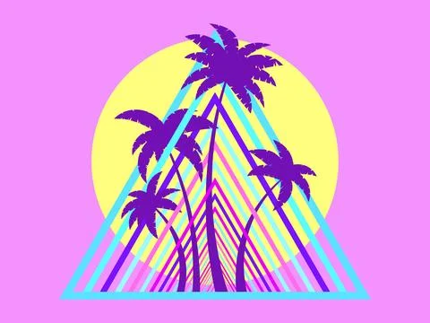 80s retro sci-fi palm trees on a sunset. Retro futuristic sun with palm tre.. 스톡 일러스트