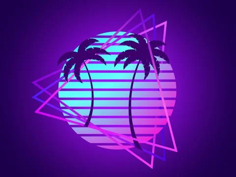 80s retro sci-fi palm trees on a sunset in triangular frame. Retro futurist.. Stock-Illustration