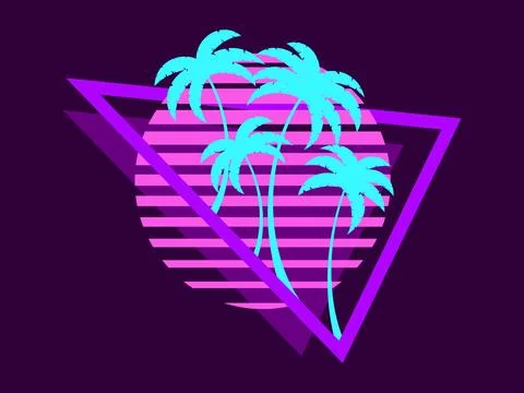 80s retro sci-fi palm trees on a sunset. Retro futuristic sun with palm tre.. 스톡 일러스트