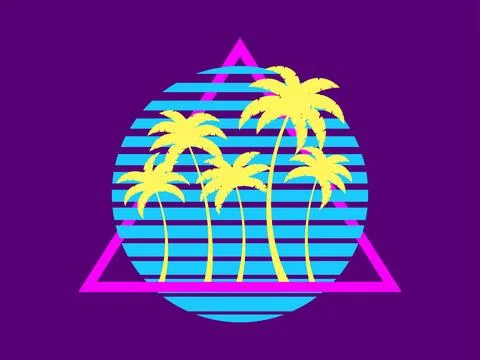 80s retro sci-fi palm trees on a sunset. Retro futuristic sun with palm tre.. 스톡 일러스트