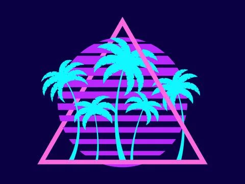 80s retro sci-fi palm trees on a sunset. Retro futuristic sun with palm tre.. イラスト素材