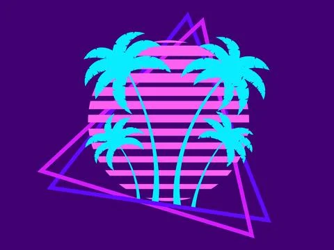 80s retro sci-fi palm trees on a sunset. Retro futuristic sun with palm tre.. 스톡 일러스트