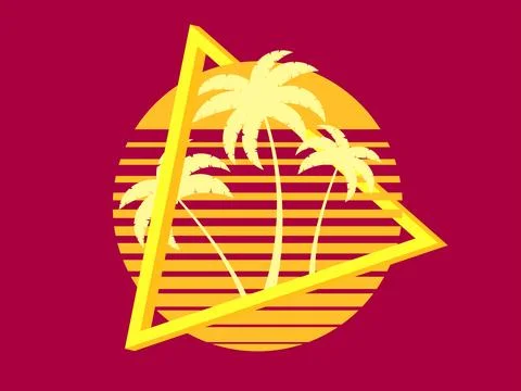 80s retro sci-fi palm trees on a sunset in 3d triangular frame. Retro futur.. Stock Illustration