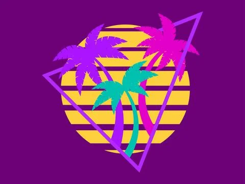 80s retro sci-fi palm trees on a sunset. Retro futuristic sun with palm tre.. 스톡 일러스트