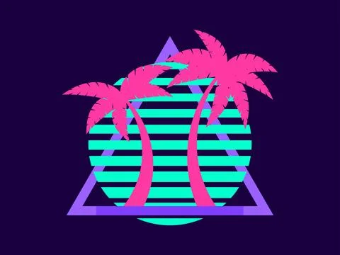 80s retro sci-fi palm trees on a sunset. Retro futuristic sun with palm tre.. イラスト素材