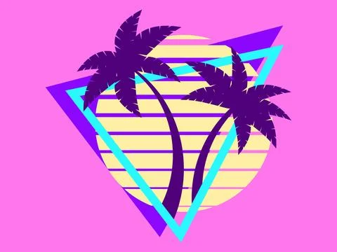 80s retro sci-fi palm trees on a sunset. Retro futuristic sun with palm tre.. イラスト素材