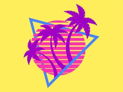 80s retro sci-fi palm trees on a sunset. Retro futuristic sun with palm tre.. 스톡 일러스트