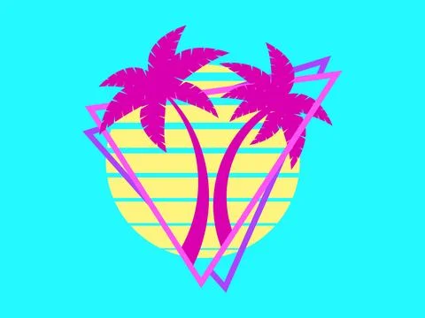 80s retro sci-fi palm trees on a sunset. Retro futuristic sun with palm tre.. 스톡 일러스트